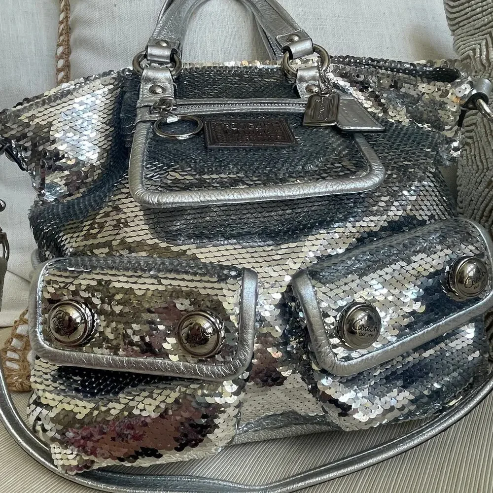 Rare Coach Poppy Spotlight Sequin Satchel 13821 | Silver Metallic Y2K